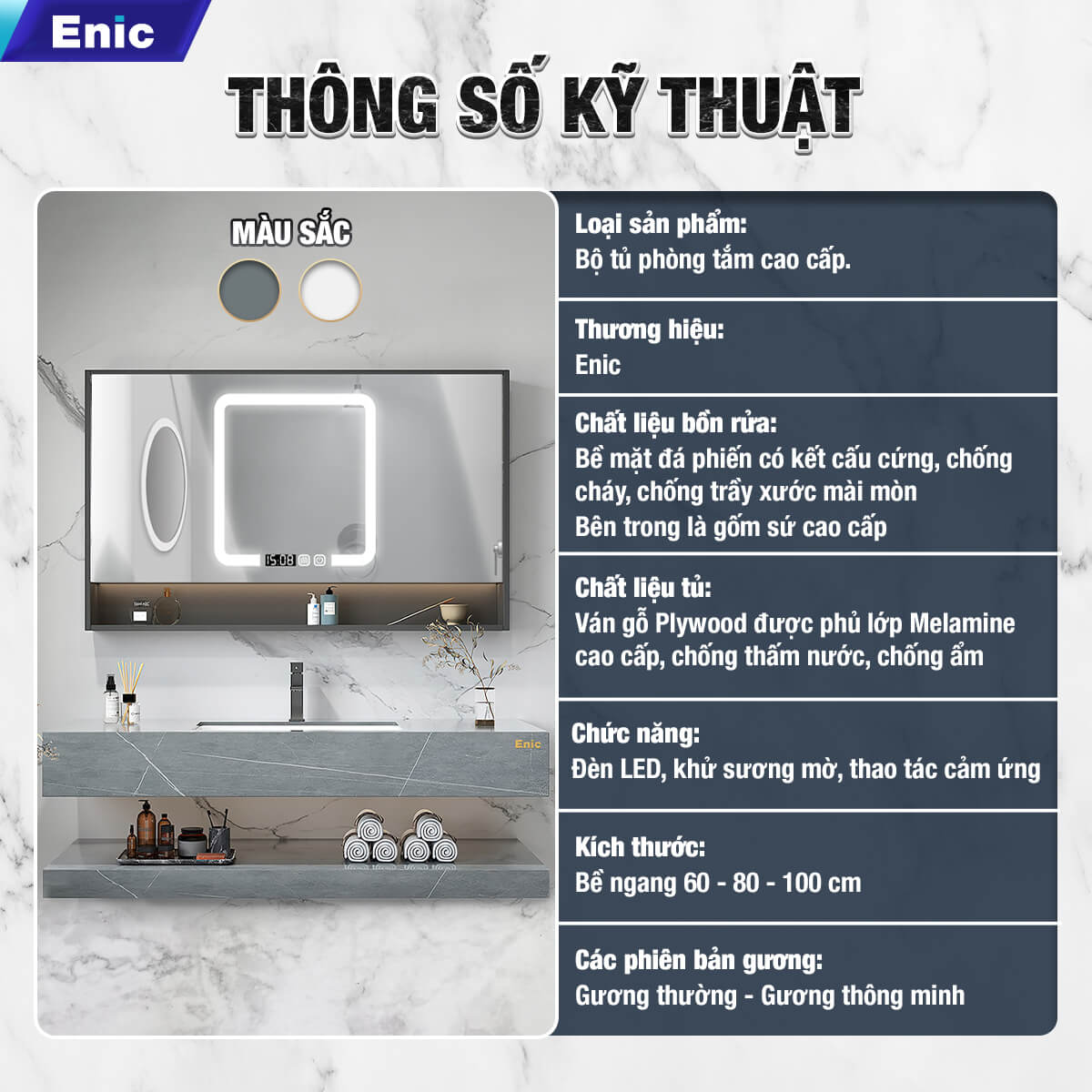 Bộ tủ phòng tắm cao cấp Enic 2T - 80cm Gương Thông Minh - 35