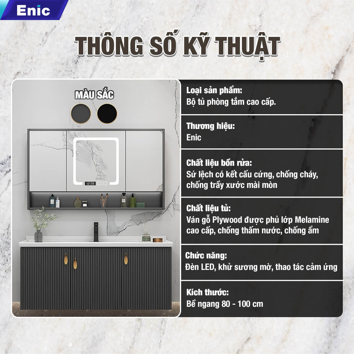 Bộ tủ phòng tắm cao cấp Enic LS - 80cm Gương Thông Minh - 36