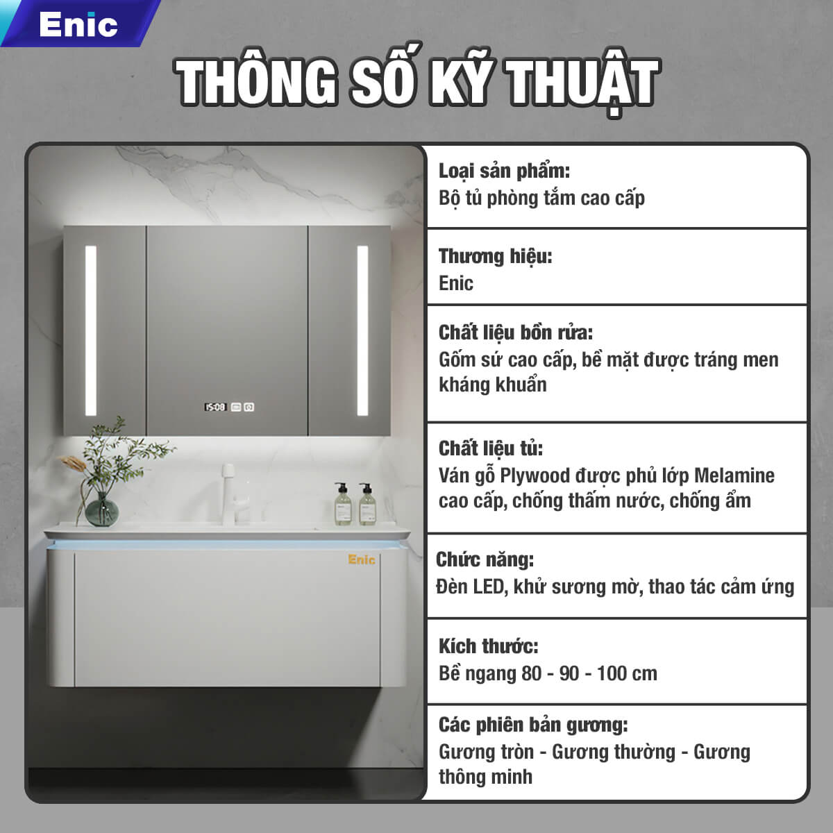 Bộ tủ phòng tắm cao cấp Enic BT - 100cm Gương Tròn - 31