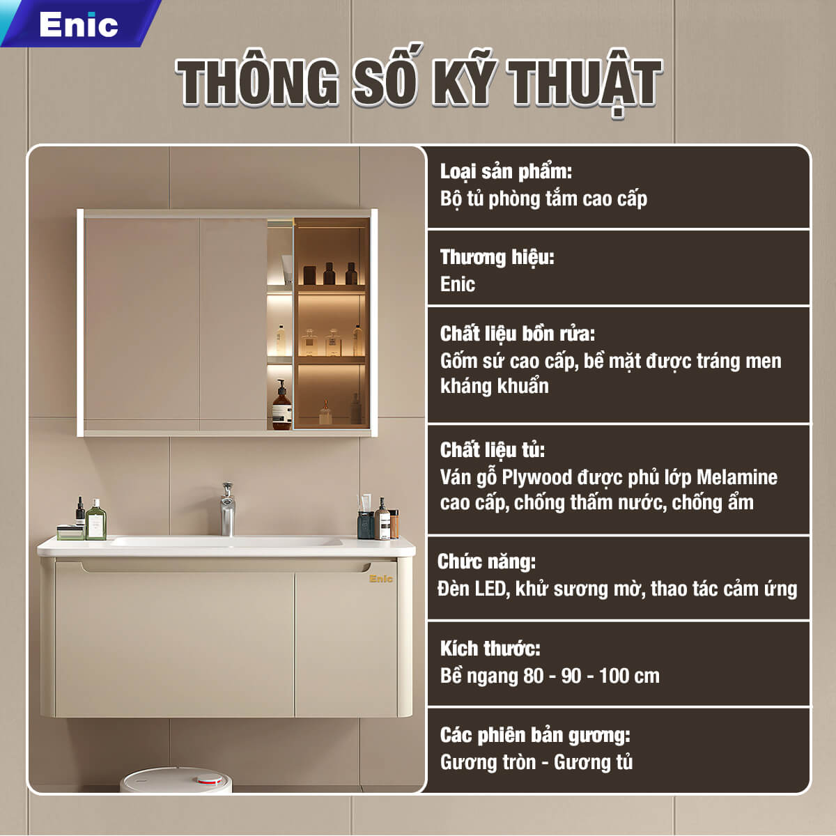 Bộ tủ phòng tắm cao cấp Enic BT11 - 80cm Gương Tủ - 50