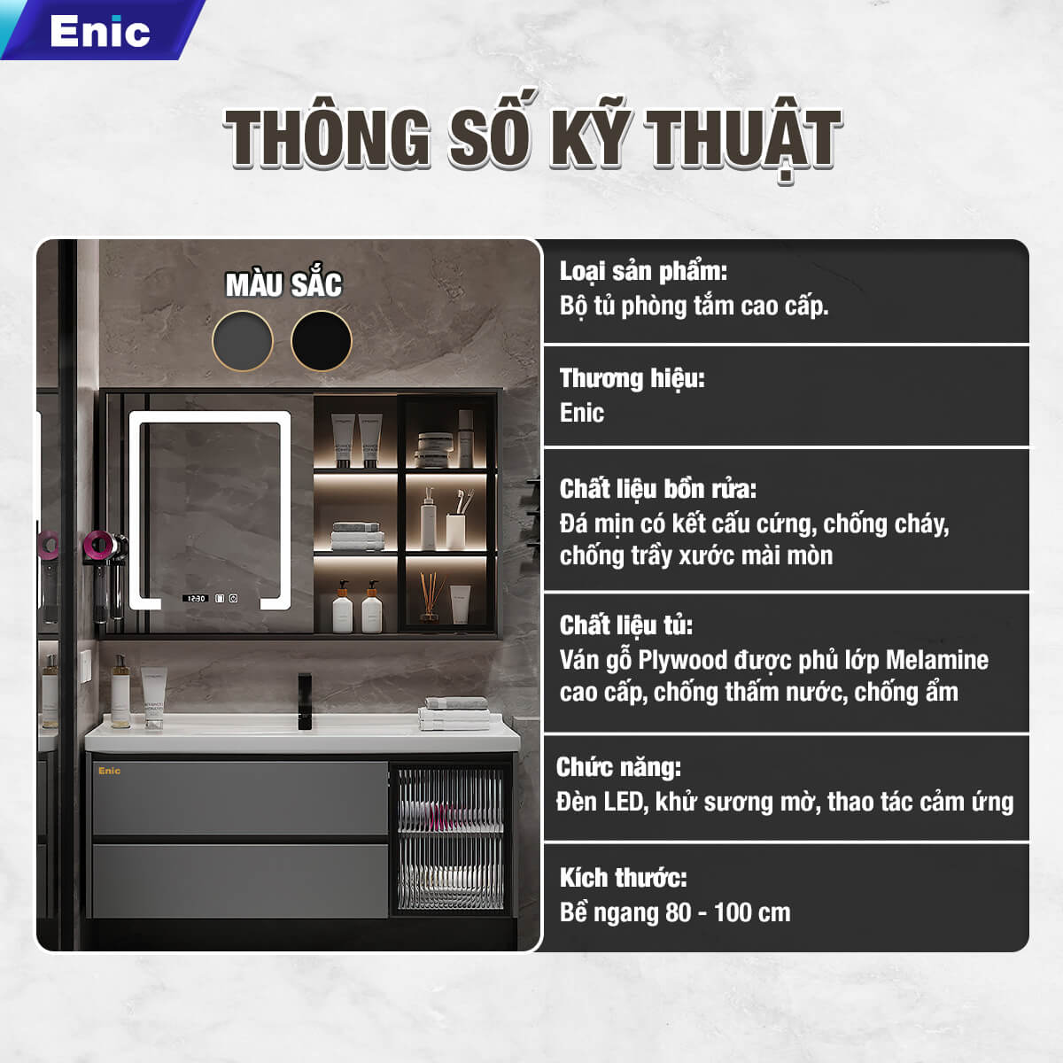Bộ tủ phòng tắm cao cấp Enic G32 - 100cm Gương Thông Minh - 36