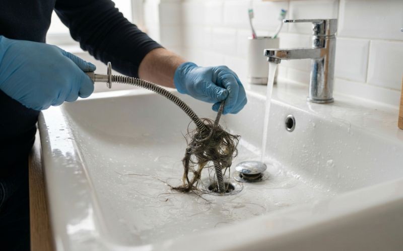 Dùng dây lò xo thông ống để lấy tóc mắc kẹt trong xi phông lavabo