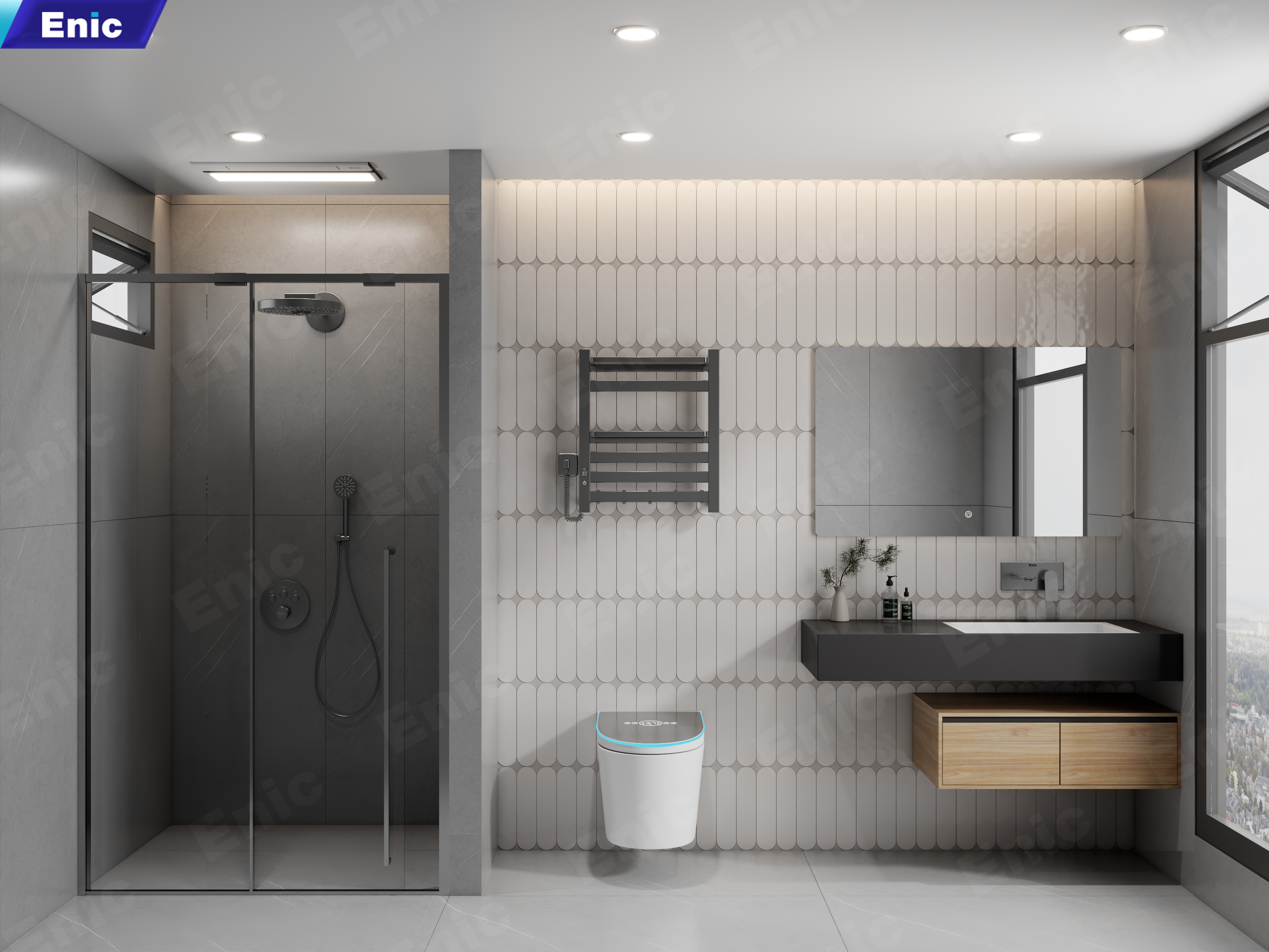 Nhà tắm hiện đại với tông màu xám trắng tối giản
