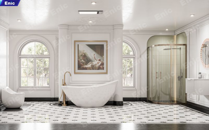 Nhà vệ sinh gam màu trắng sáng cùng gạch lát nền hoạ tiết độc đáo