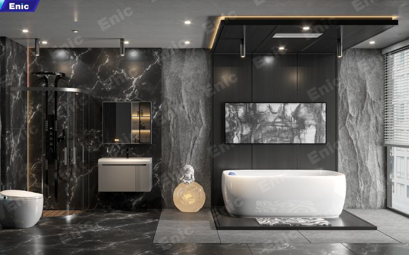 Nhà vệ sinh lát gạch hoa văn kết hợp thiết bị cao cấp, mang màu cổ điển hóa hiện đại