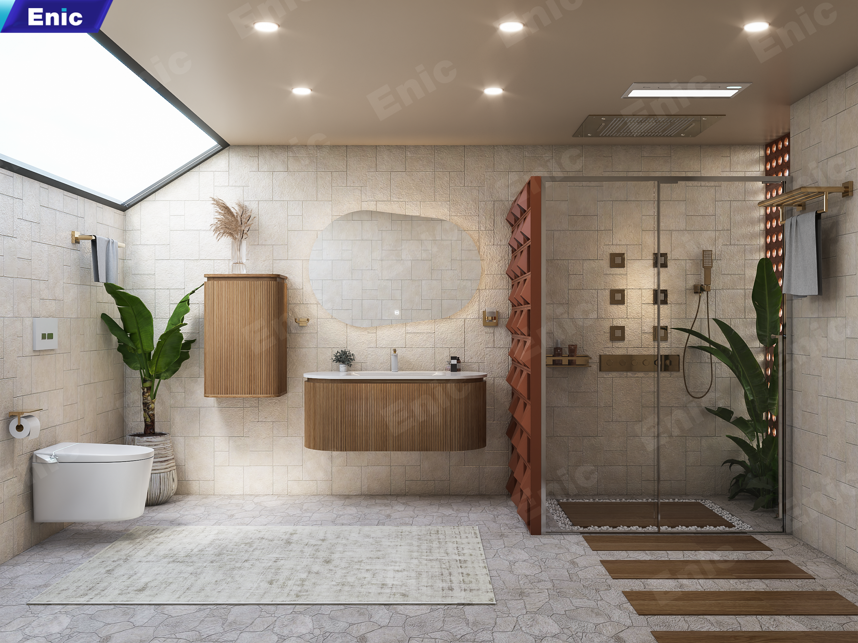 Nhà vệ sinh rộng rãi kết hợp gỗ ấm áp 
