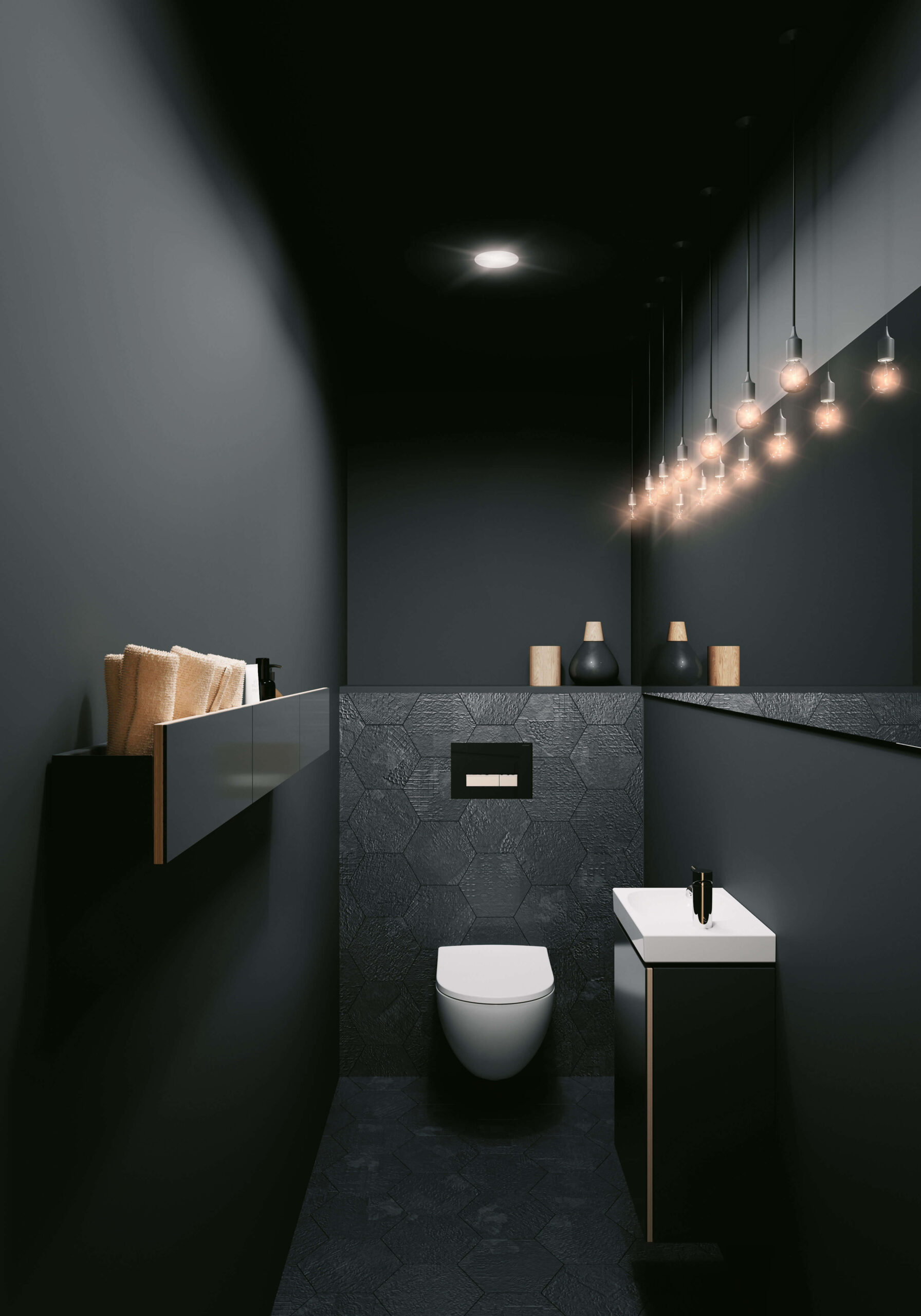 Bố trí thêm đèn vào không gian phòng tắm tông màu tối