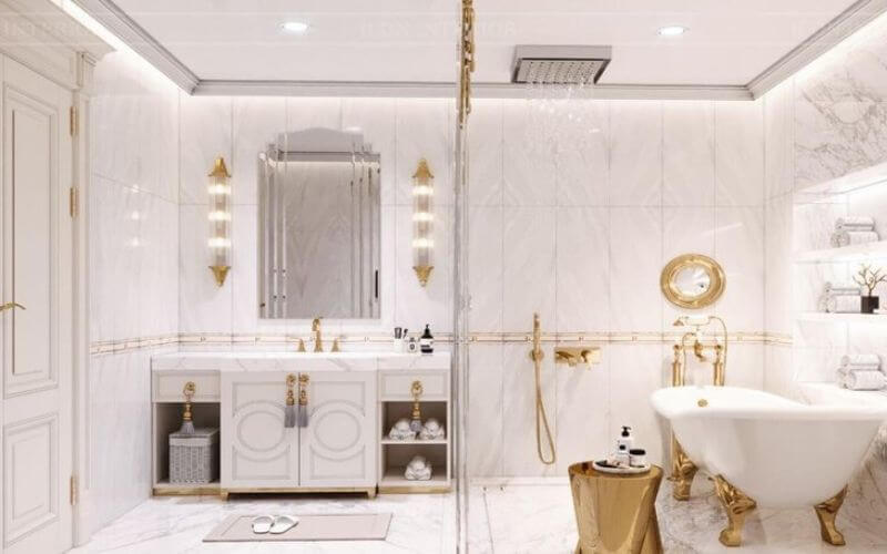 Bố trí phòng tắm với tông màu trắng và vàng kết hợp