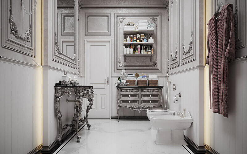 Sử dụng màu xám kết hợp với những phụ kiện phòng tắm thiết kế tỉ mỉ 