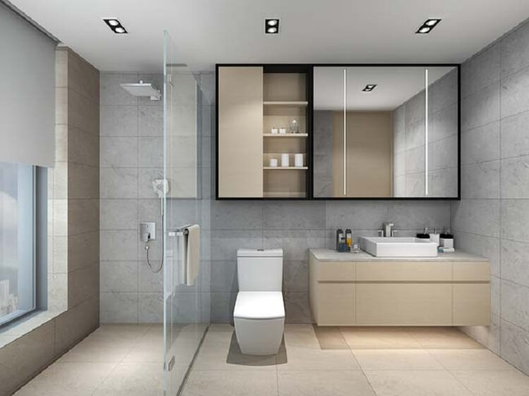 Bố trí gương nhà tắm hình chữ nhật giúp tạo hiệu ứng rộng rãi