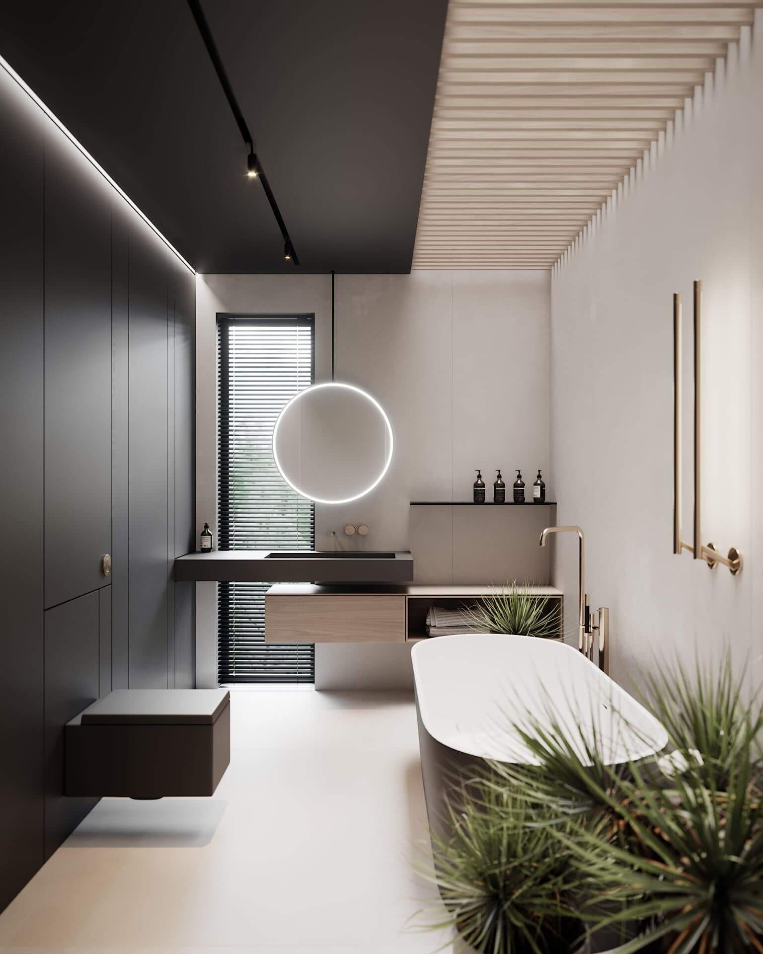 Thiết kế phòng tắm 10m2 với tông màu sáng và tối kết hợp thêm cây xanh