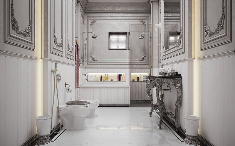 Phòng tắm với gam màu trắng xám huyền bí