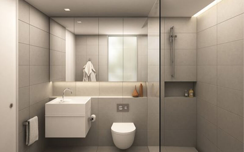 Thiết kế phòng tắm 4m2 với gạch ốp sáng màu cỡ lớn