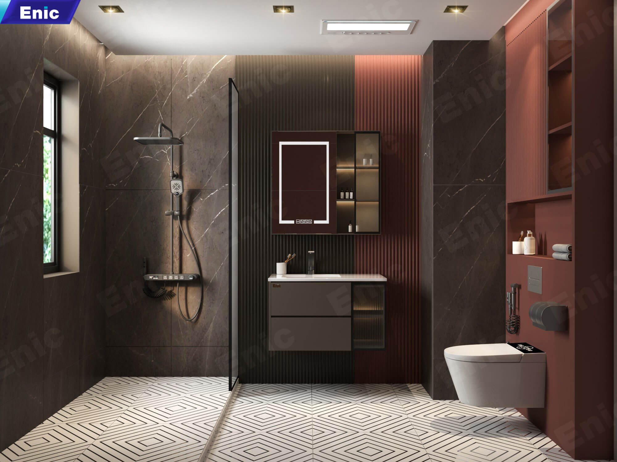Nhà vệ sinh lát gạch hoa văn kết hợp thiết bị cao cấp, mang màu cổ điển hóa hiện đại
