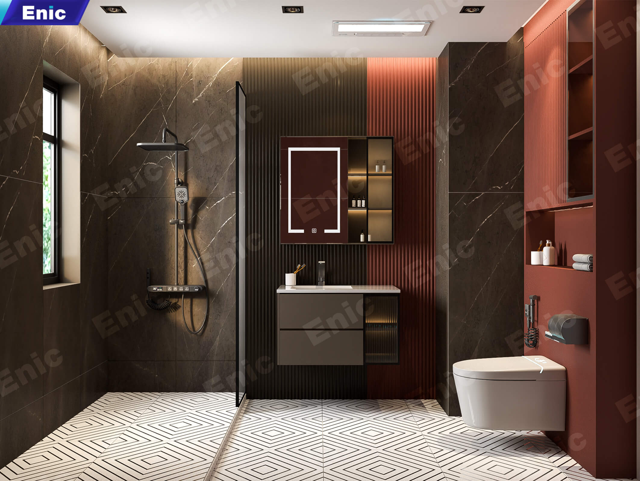 Phòng tắm lát gạch hoa văn kết hợp thiết bị cao cấp, mang màu cổ điển hóa hiện đại