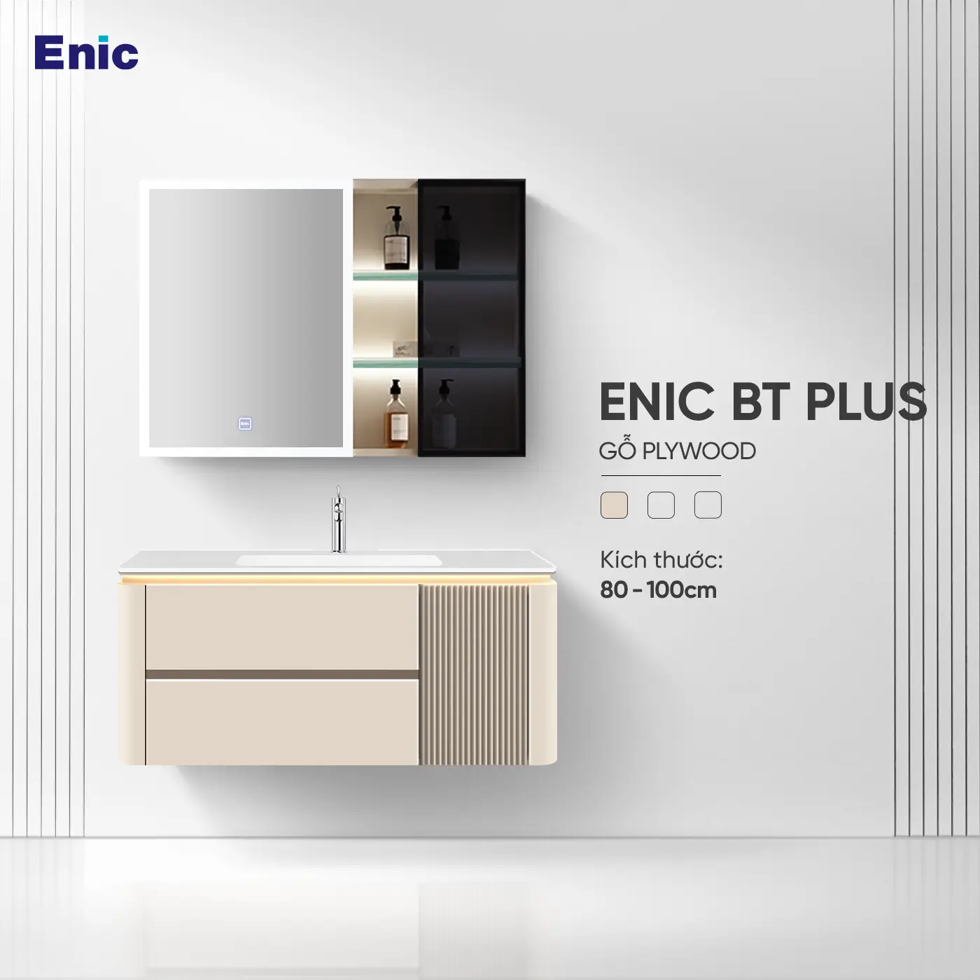 Bộ tủ gương lavabo phòng tắm cao cấp Enic BT Plus 80cm – 100cm