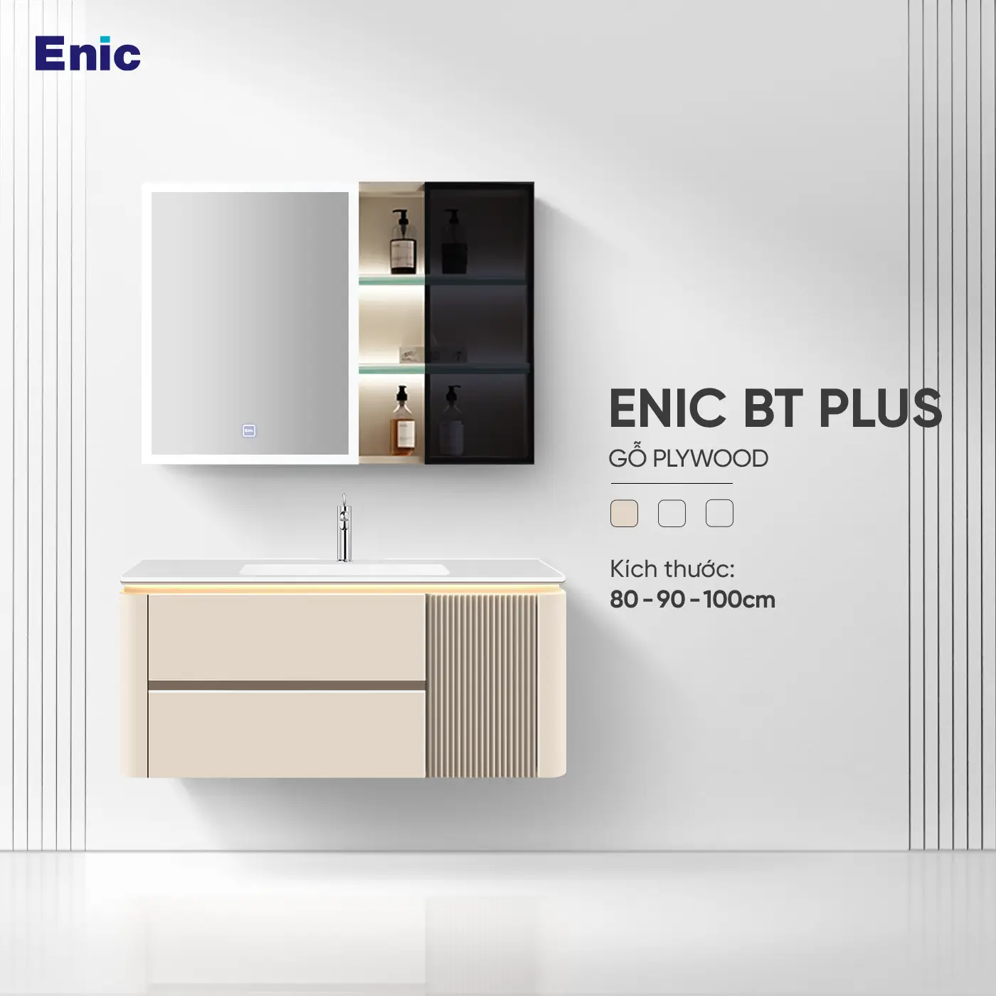 Bộ tủ gương lavabo phòng tắm cao cấp Enic BT Plus 80cm – 100cm