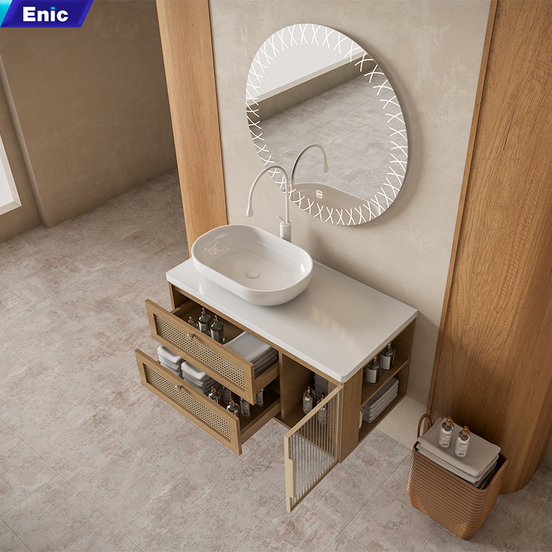 Tủ lavabo nhà tắm mây đan Enic với thiết kế nhiều ngăn thuận tiện lưu trữ
