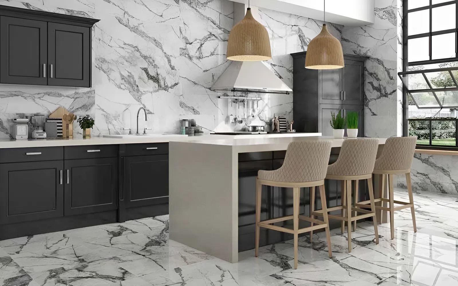 Dùng gạch vân đá marble sang trọng cho tường nhà bếp