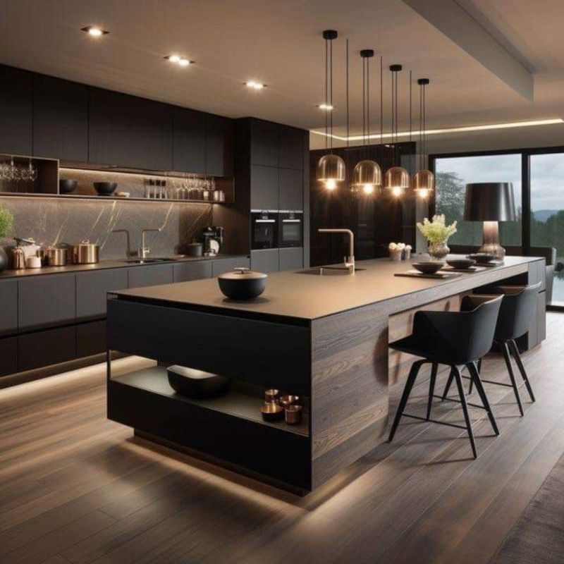 Bếp hiện đại phối gỗ tự nhiên
