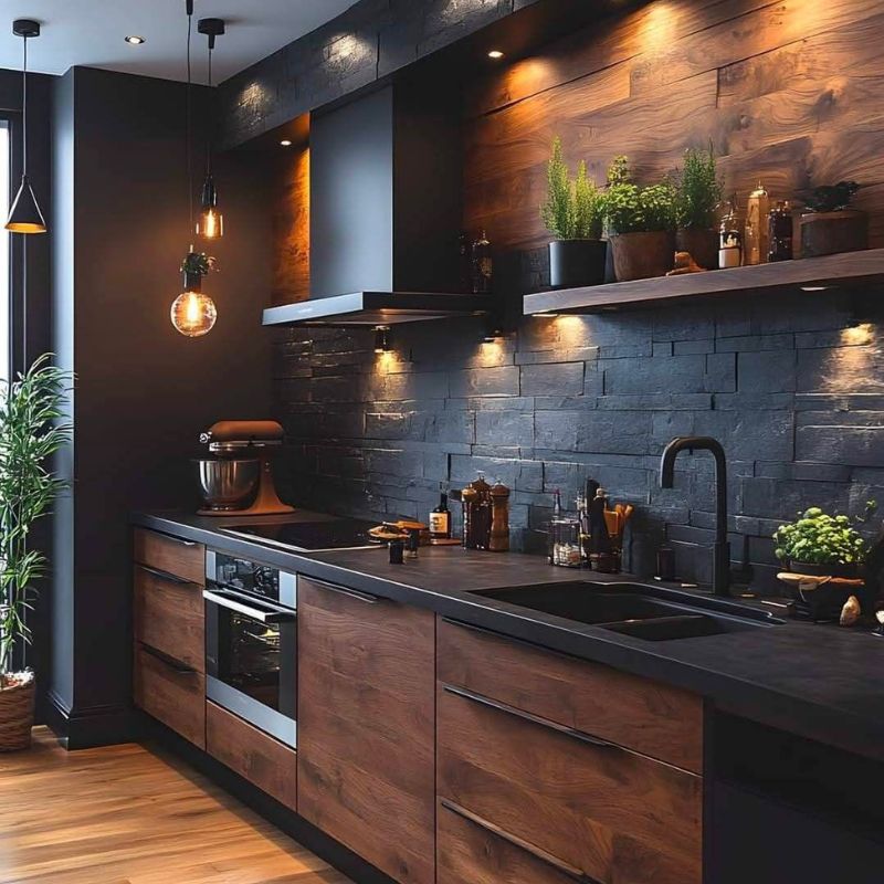 Bếp hiện đại tông đen gỗ, ấm áp