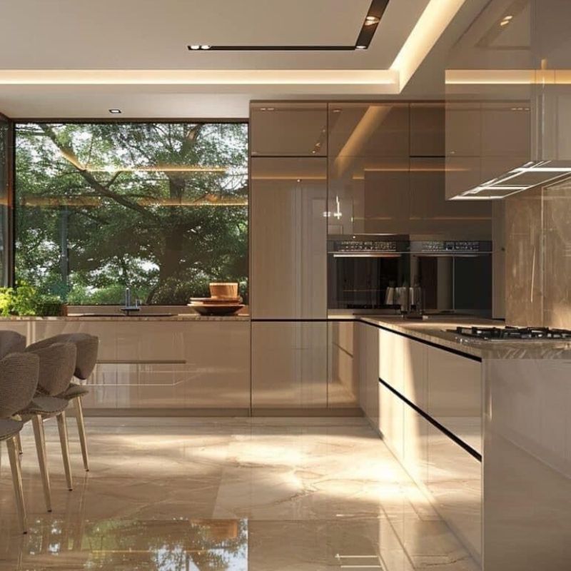Bếp mang phong cách Bắc Âu be bóng, khung kính lớn