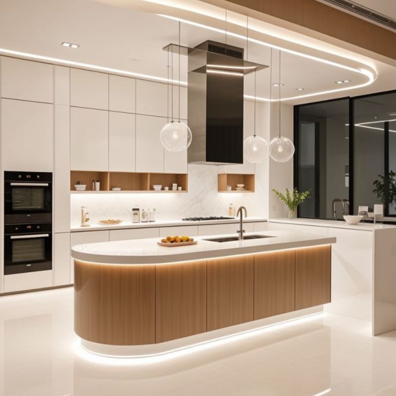 Bếp mang phong cách Bắc Âu bo tròn, tông trắng gỗ