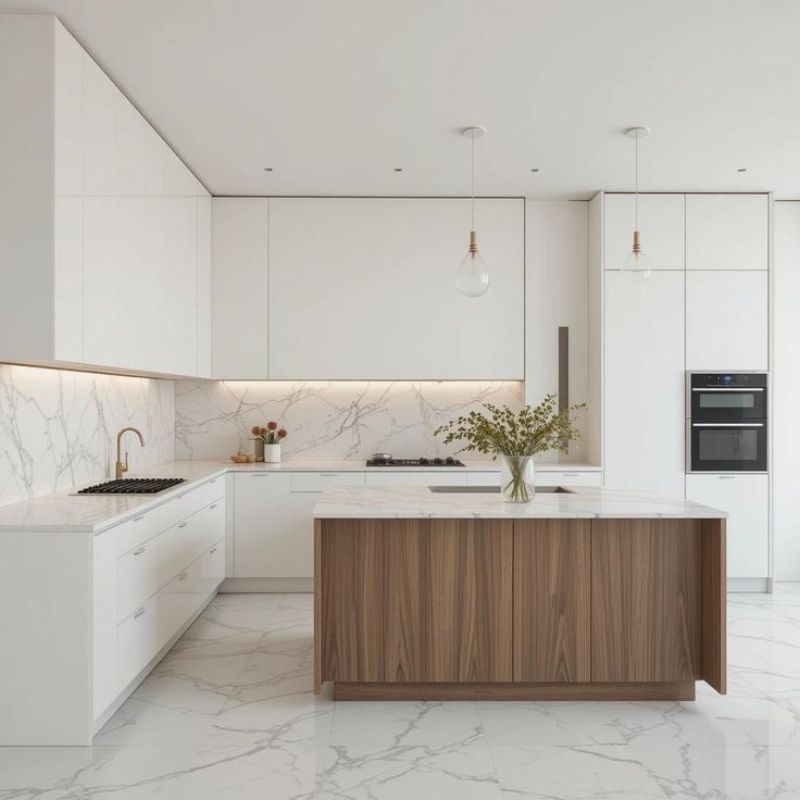 Bếp mang phong cách Bắc Âu trắng, đá vân marble