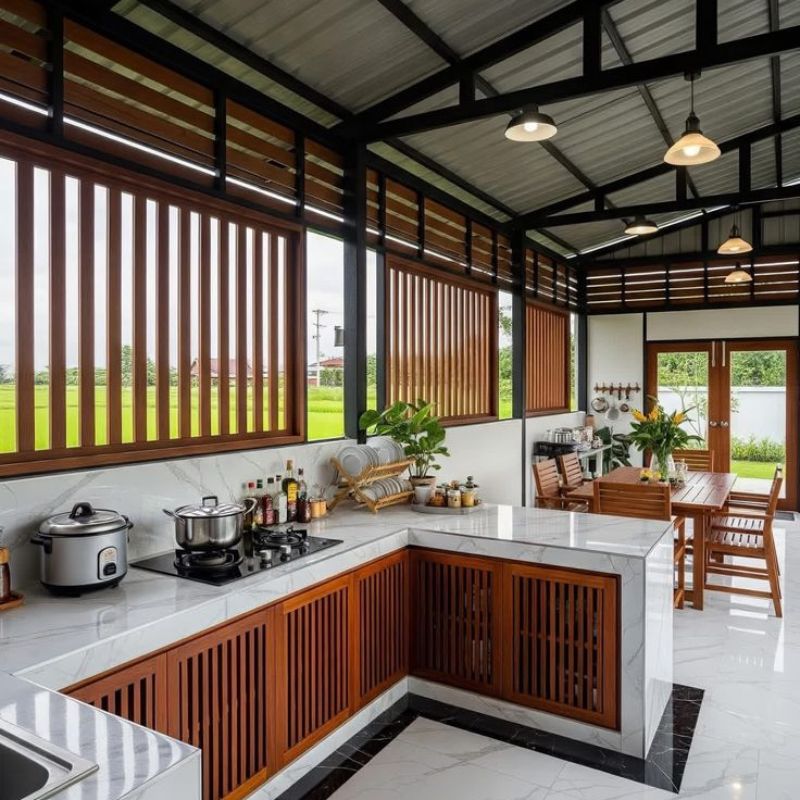 Bếp mang phong cách đồng quê mái tôn thoáng, lam dọc