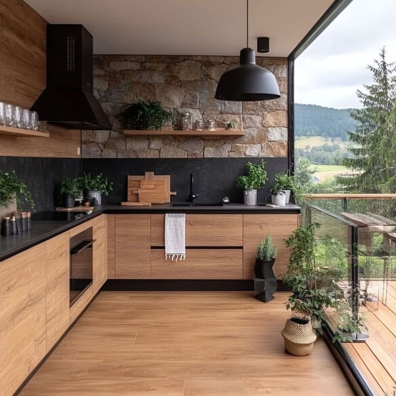 Bếp mang phong cách đồng quê rustic, điểm nhấn tường đá tự nhiên