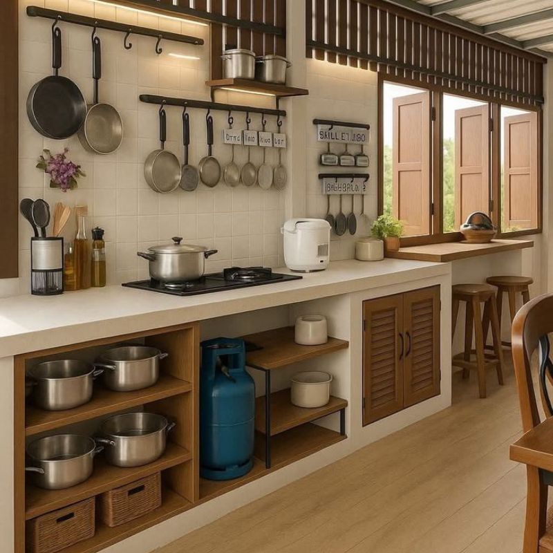 Bếp mang phong cách đồng quê thoáng mở, đơn giản
