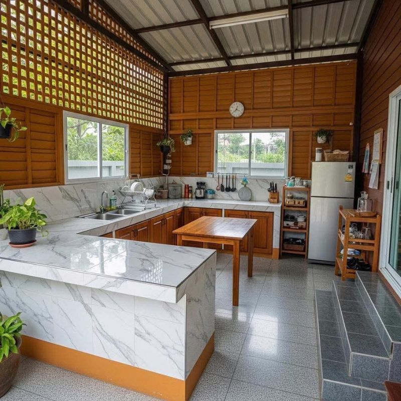 Bếp mang phong cách đồng quê thoáng sáng, gỗ và đá vân