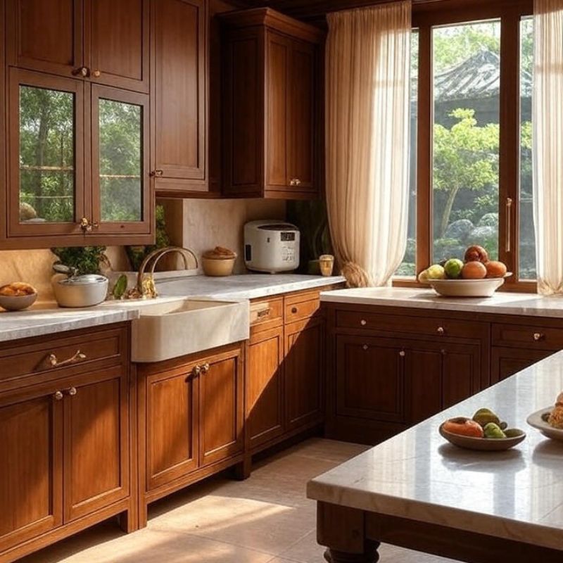 Bếp tân cổ điển có cửa sổ thoáng 