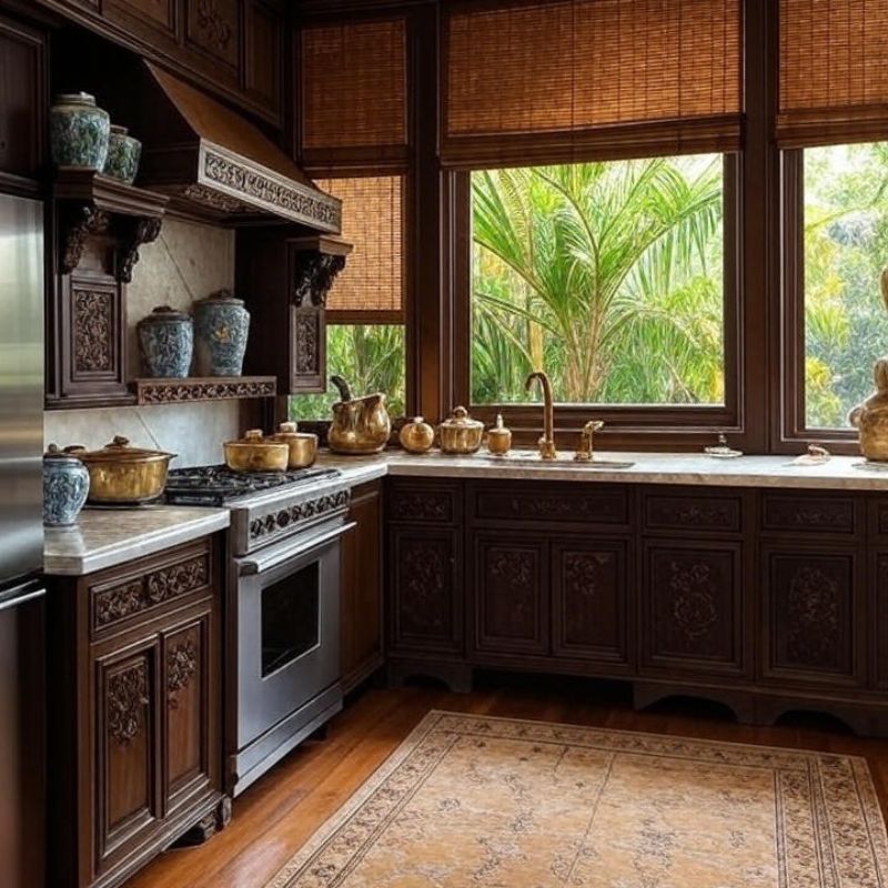 Bếp tân cổ điển sử dụng gỗ khắc chạm