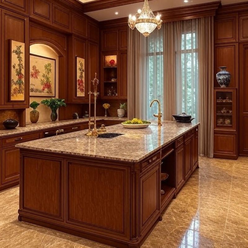 Bếp tân cổ điển sử dụng gỗ hơi sáng màu