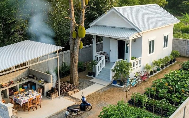 Mẫu nhà tiền chế cấp 4 có sân vườn nhỏ xinh