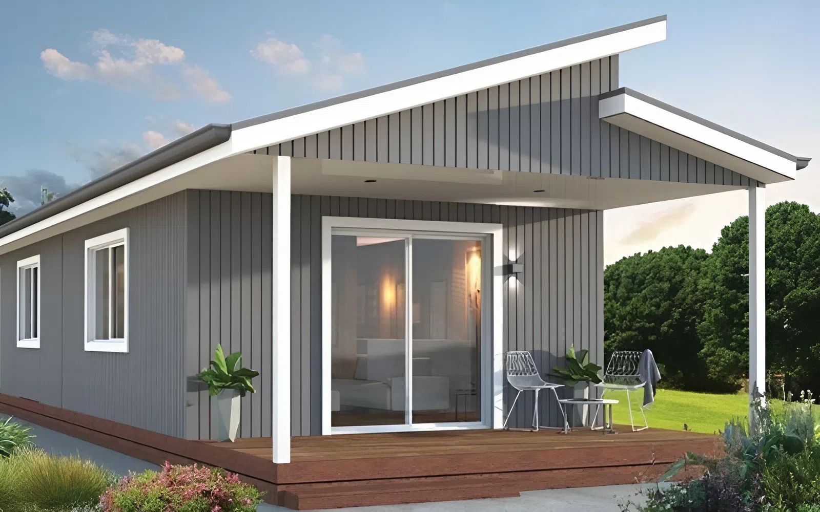 Mẫu nhà tiền chế đẹp cấp 4 mái lệch hiện đại