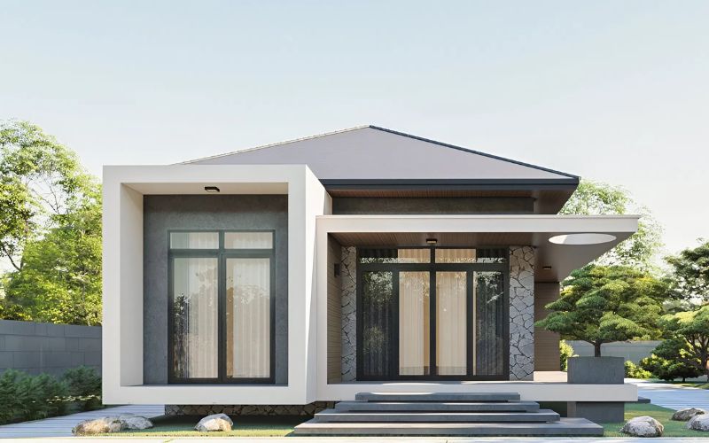 Mẫu nhà vuông mái Nhật có hiên rộng và cửa kính lớn