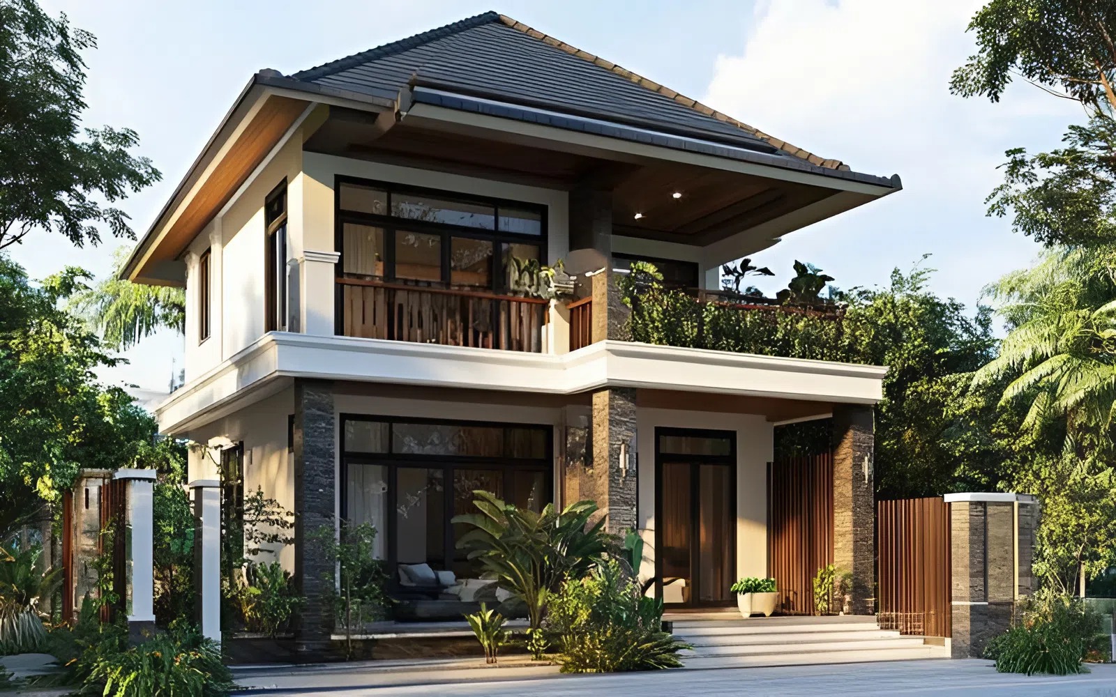 Nhà mái Nhật 2 tầng hiện đại có ban công xanh mát