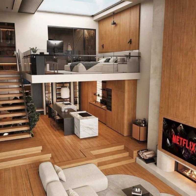 Nhà gác lửng hiện đại có đảo bếp 