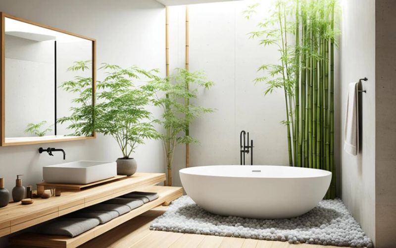 Nhà tắm tắm kiểu nhật hứng ánh sáng và có cây xanh