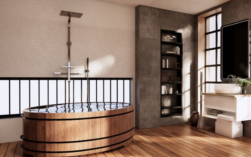 Nhà vệ sinh Nhật hiện đại kết hợp với bồn tắm gỗ