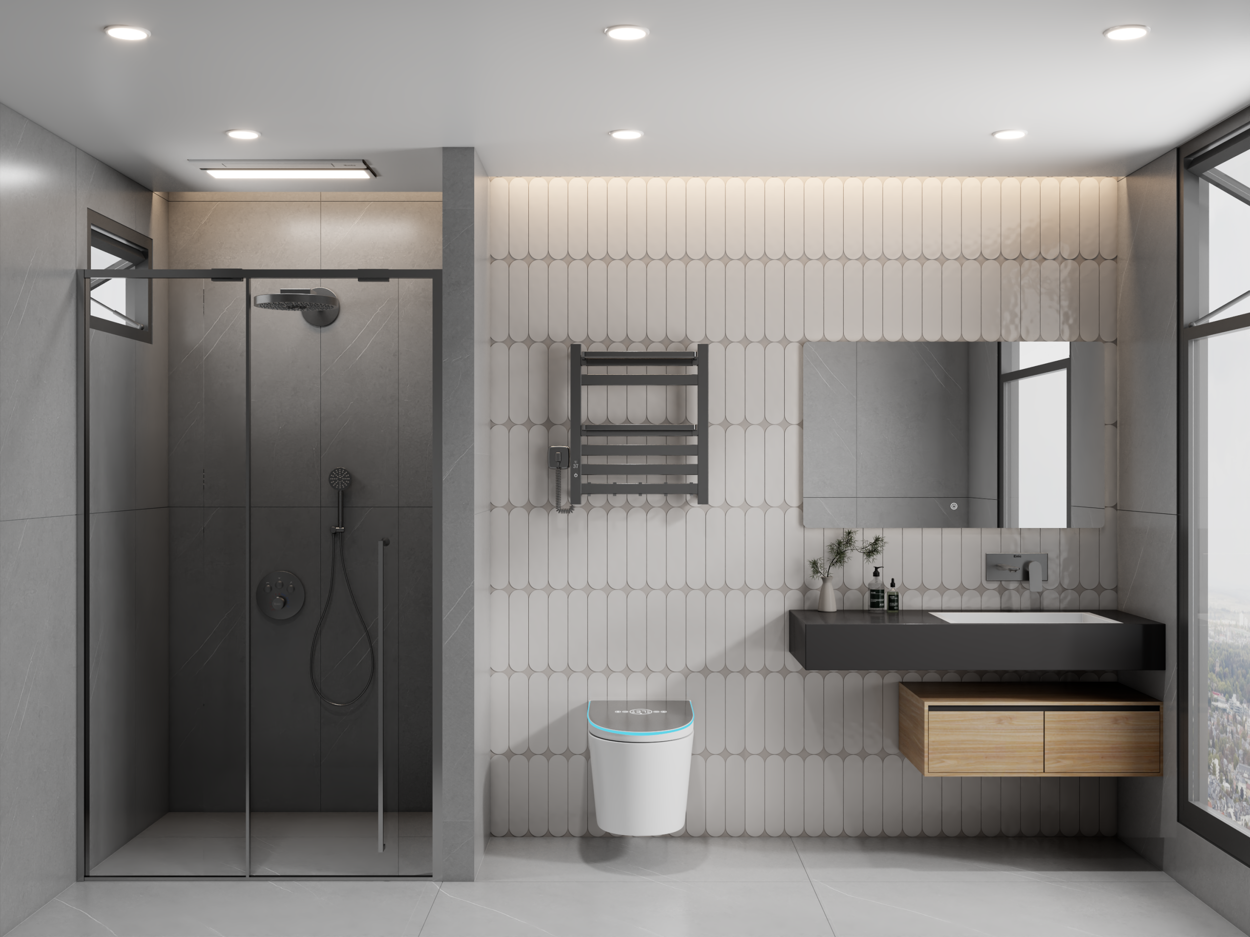 Phòng tắm kính đơn giản kết hợp với các thiết bị vệ sinh thông minh