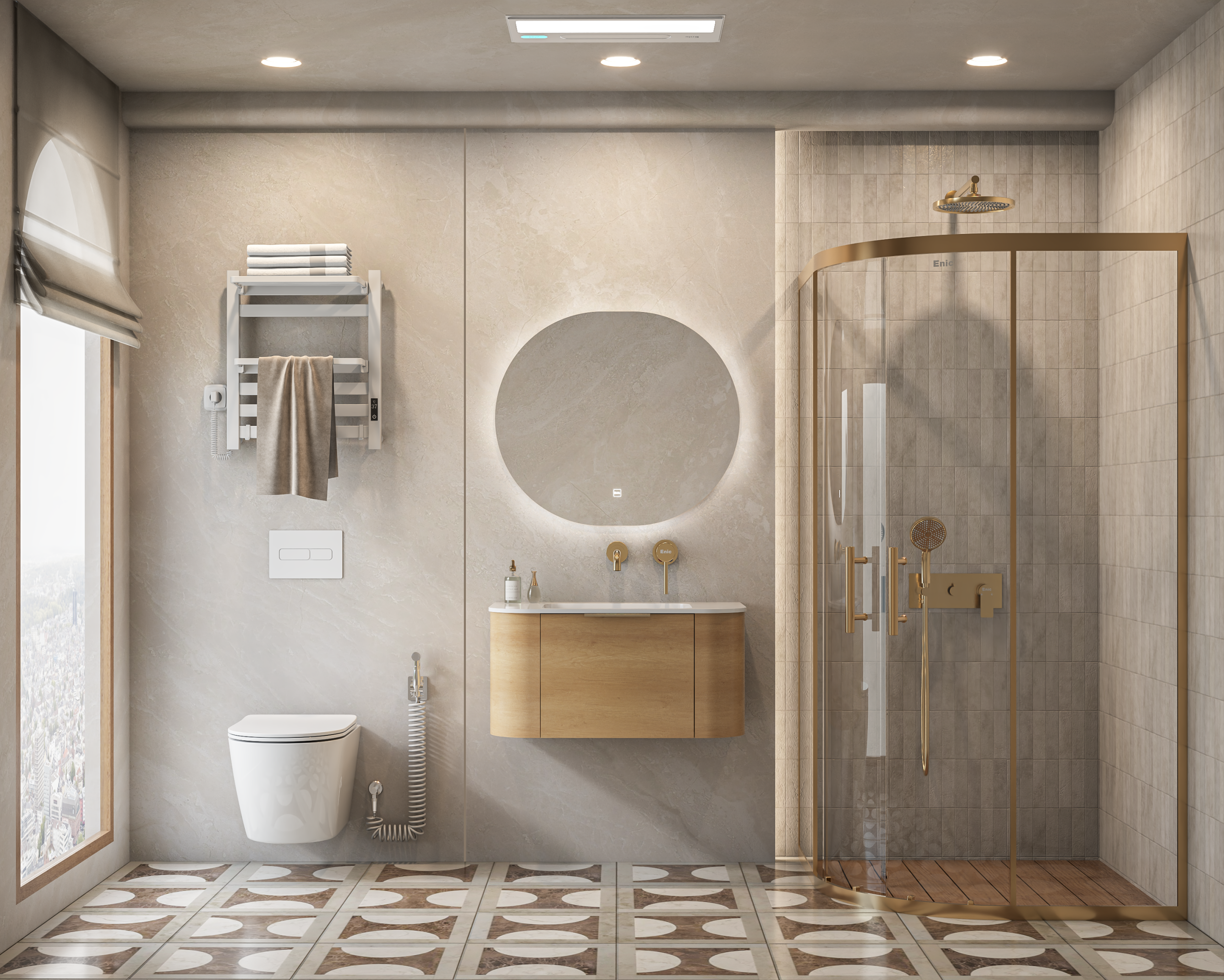 Phòng tắm với vách kính bo tròn nhỏ gọn 