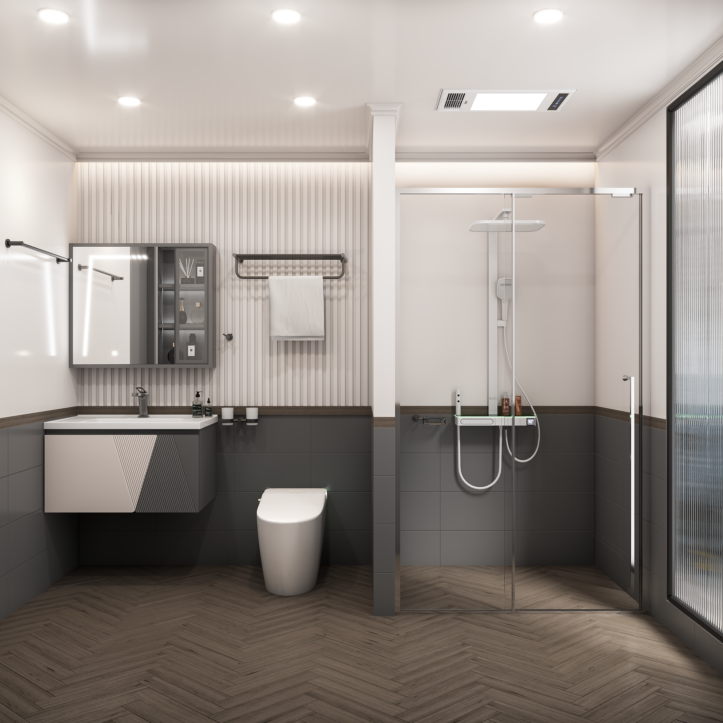 Phòng tắm kính xám trắng hiện đại 