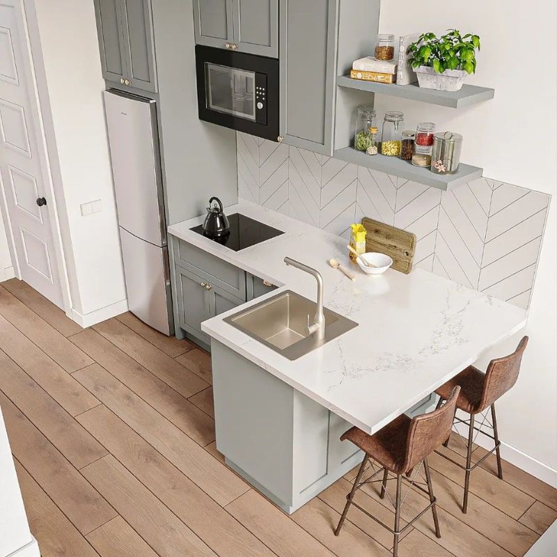 Kệ bếp chữ L kết hợp bàn đảo mini hiện đại cho nhà nhỏ