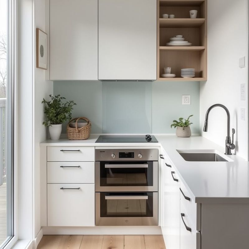 Kệ bếp chữ L tối giản, tông sáng hiện đại