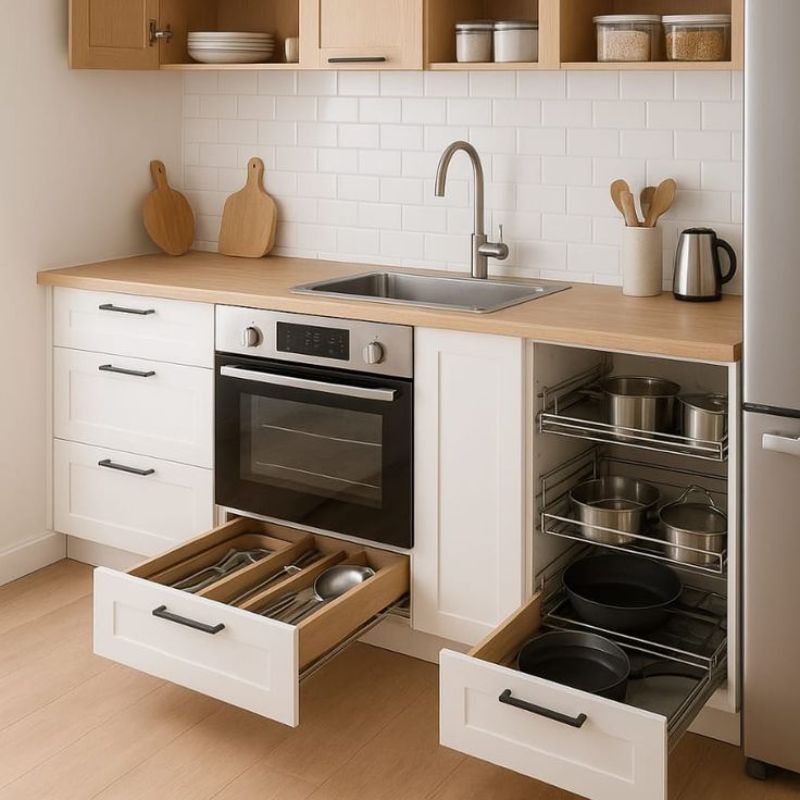 Kệ bếp dưới kết hợp các phụ kiện ngăn kéo đựng xoong nồi, muỗng đũa tiện lợi