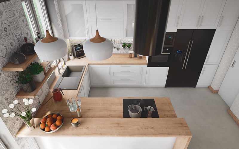 Kệ bếp màu gỗ tạo cảm giác ấm cúng 