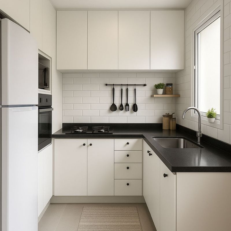 Tủ bếp dưới chữ L phù hợp với phòng trọ tiết kiệm diện tích